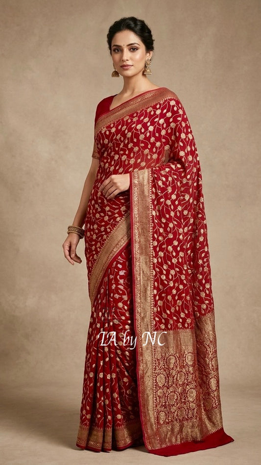 Carmine Banarasi Pure Khaddi Georgette Saree