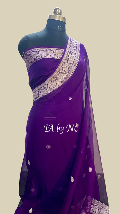 Grape Banarasi Pure Khaddi Georgette Kadwa Saree