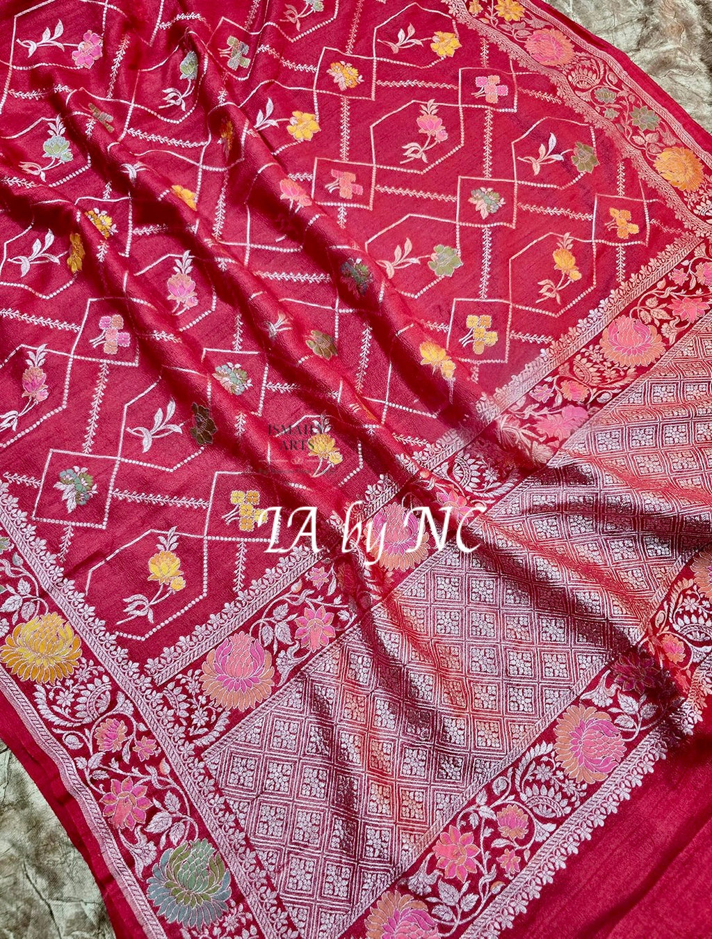 Strawberry Banarasi Pure Khaddi Tussar Georgette Meenakari Saree