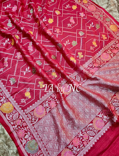 Strawberry Banarasi Pure Khaddi Tussar Georgette Meenakari Saree