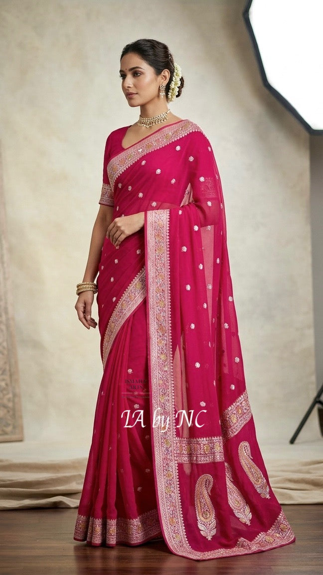 Cerise Banarasi Pure Khaddi Georgette Kadwa Saree