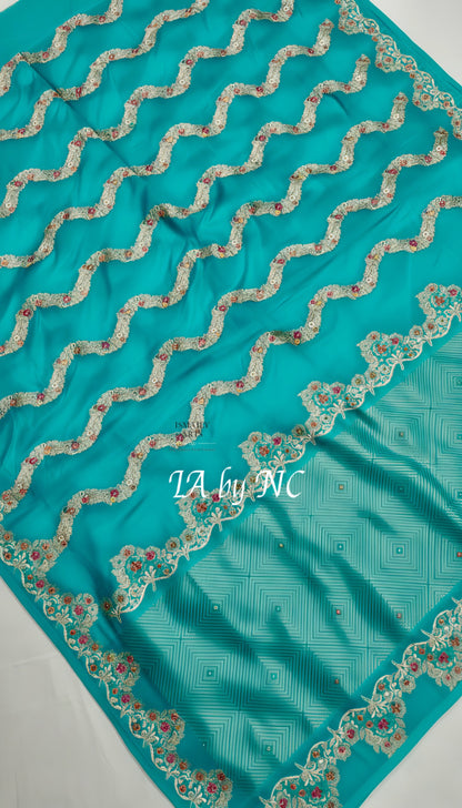 Turquoise Banarasi Mashru Katan Silk Meenakari Saree