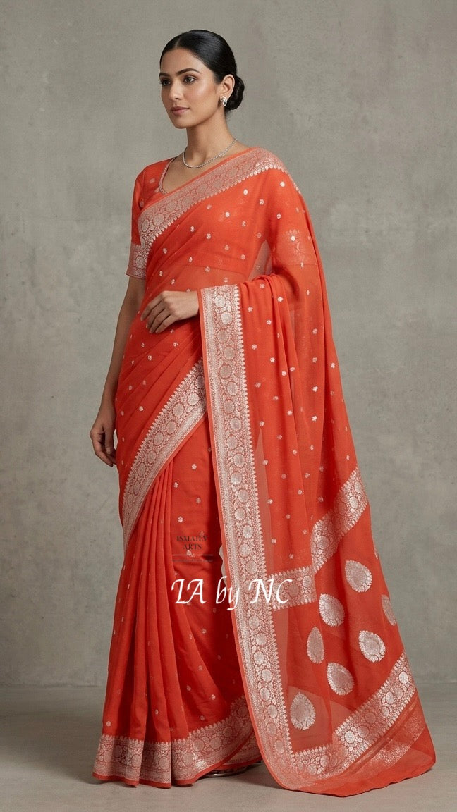 Scarlet Banarasi Pure Khaddi Georgette Kadwa Saree