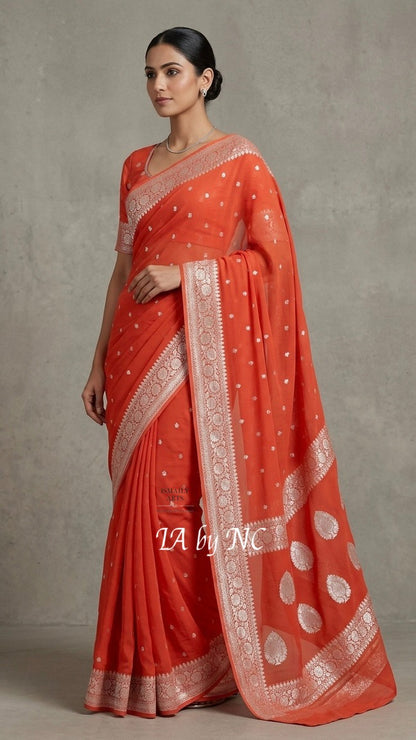 Scarlet Banarasi Pure Khaddi Georgette Kadwa Saree