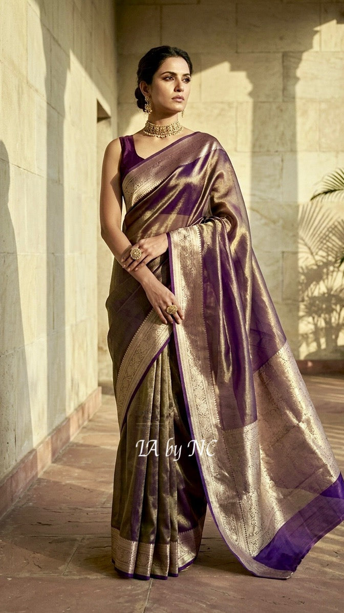 Eggplant Banarasi Pure Tissue Silk Saree