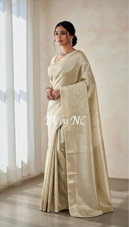 Ivory Banarasi Pure Tissue Silk Brocade Saree