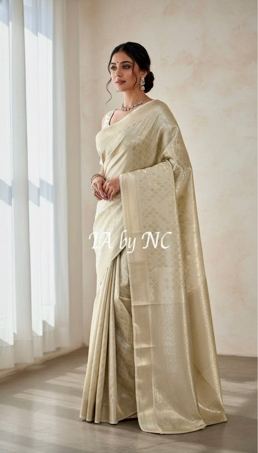 Ivory Banarasi Pure Tissue Silk Brocade Saree