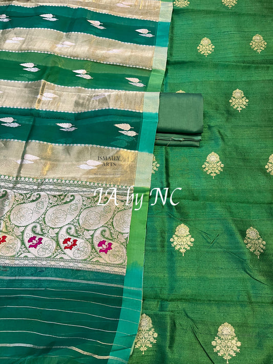 Mehendi Banarasi Pure Raw Silk Kadwa Dress Materials