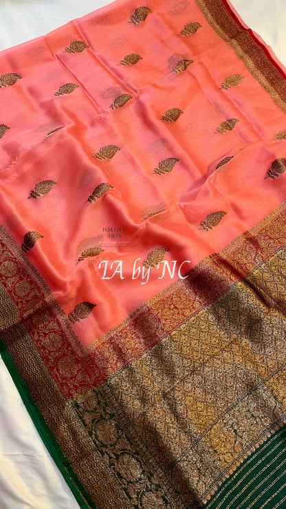 Salmon Banarasi Pure Kora Silk Kadwa Saree