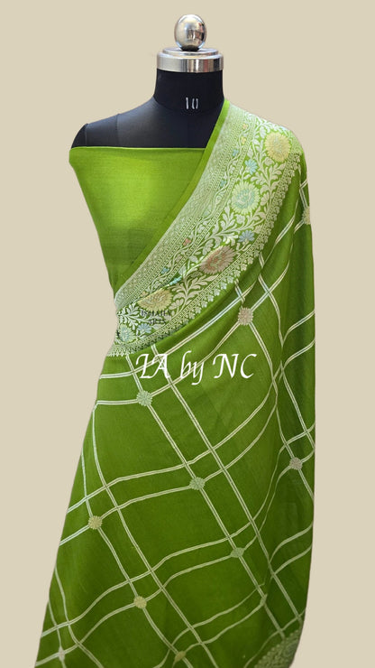 Avocado Banarasi Pure Khaddi Tussar Georgette Paithani Saree