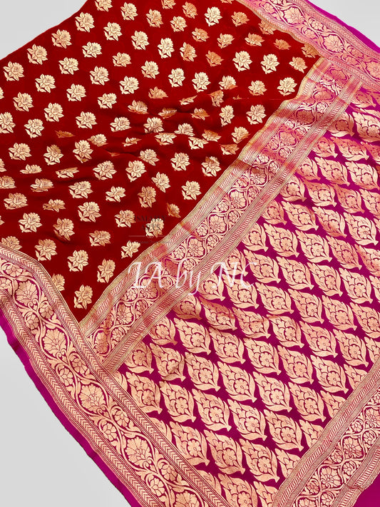 Carmine Banarasi Pure Khaddi Georgette Saree