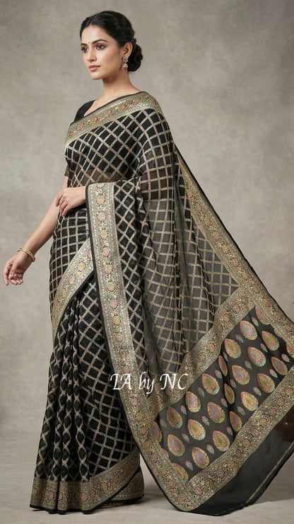 Black Banarasi Pure Khaddi Georgette Saree