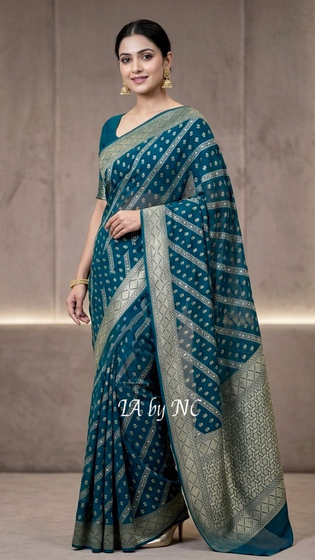 Prussian Banarasi Pure Khaddi Georgette Saree