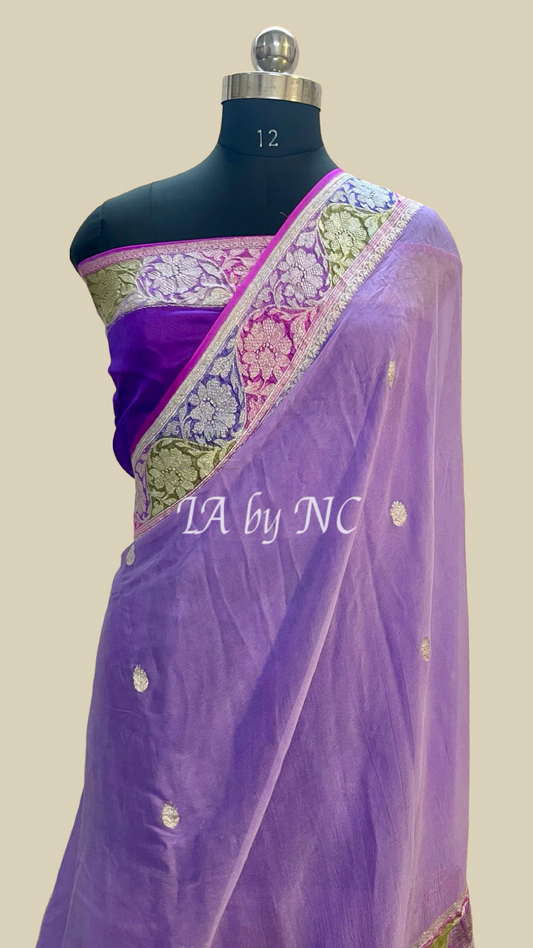 Grape Banarasi Pure Khaddi Georgette Kadwa Saree