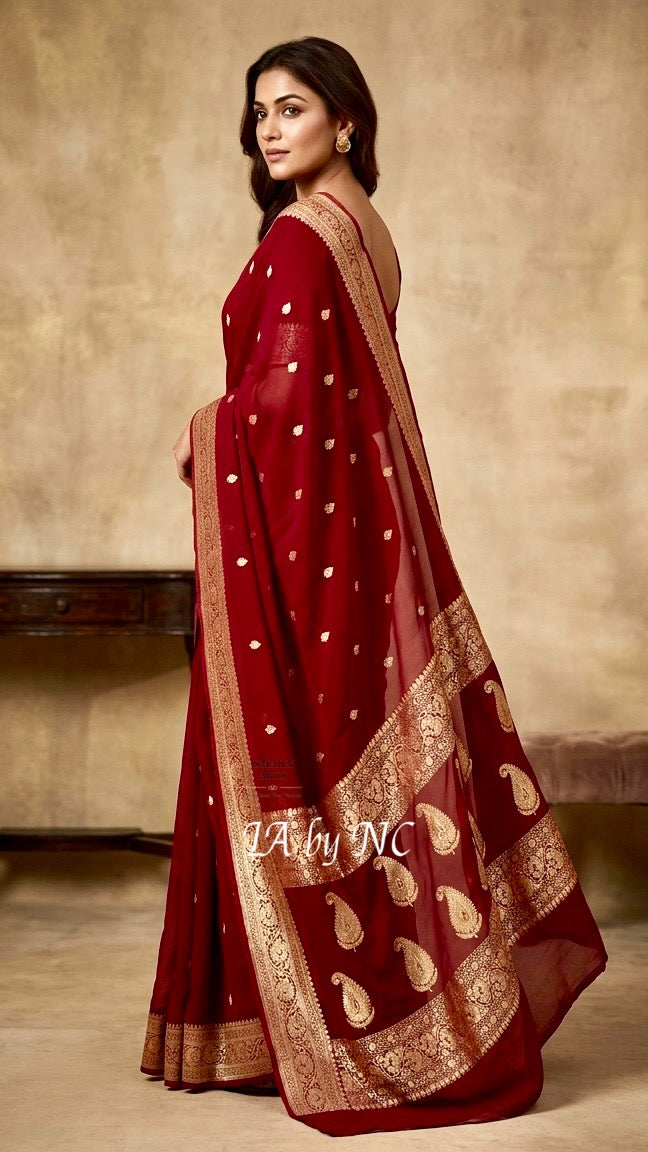 Carmine Banarasi Pure Khaddi Georgette Kadwa Saree