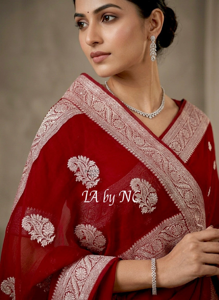 Carmine Banarasi Pure Khaddi Georgette Kadwa Saree