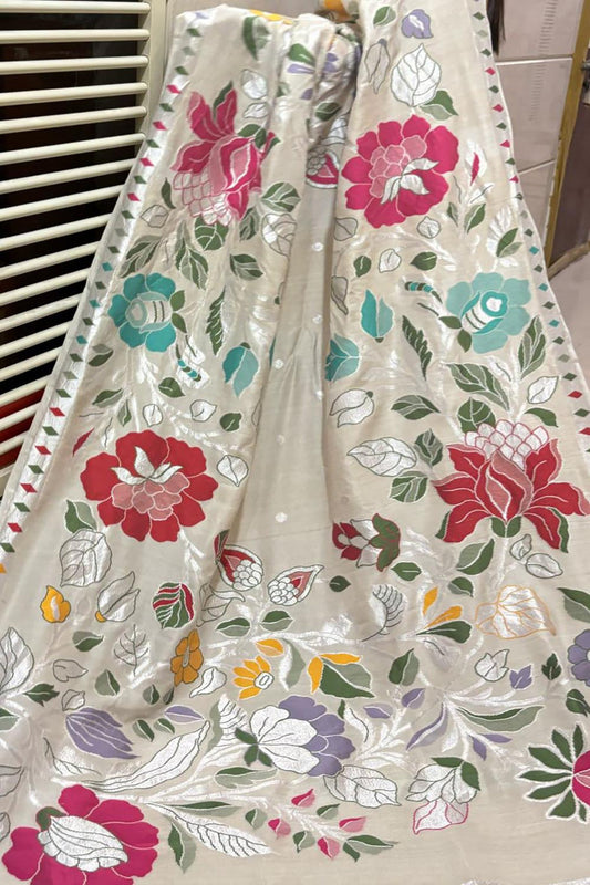 Beige Banarasi Pure Khaddi  Tussar Georgette Paithani Saree