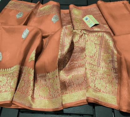 Tangerine Banarasi Pure Kora Organza Kadwa Saree