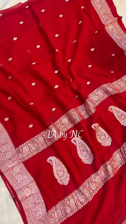 Crimson Banarasi Pure Khaddi Georgette Kadwa Saree