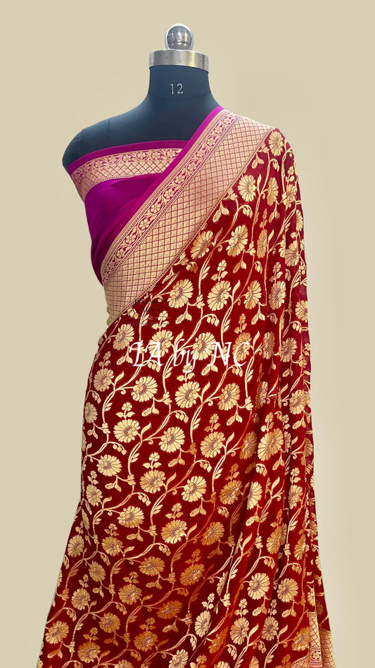 Carmine Banarasi Pure Khaddi Georgette Saree