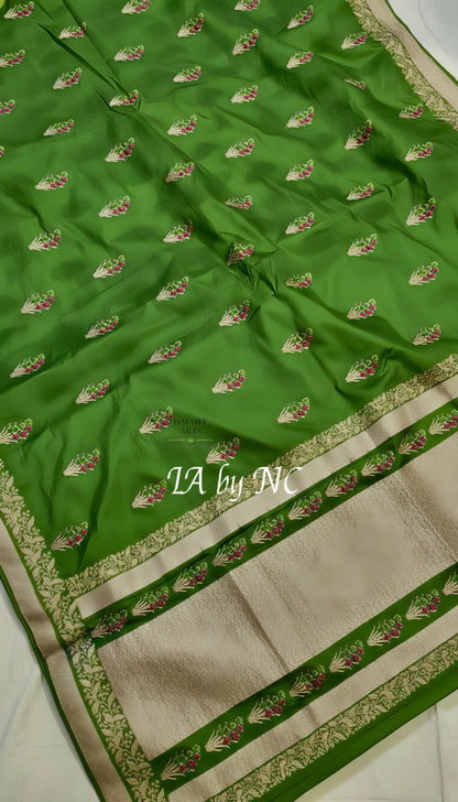 Avocado Banarasi Mashru Katan Silk Meenakari Saree