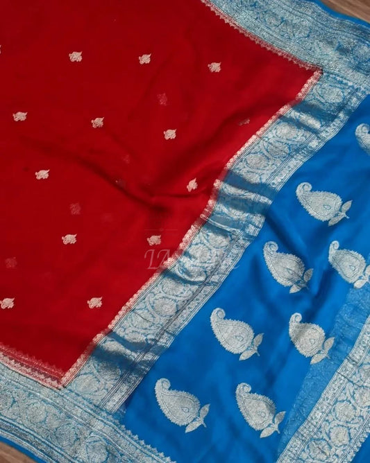 Crimson Banarasi Pure Khaddi Georgette Kadwa Saree