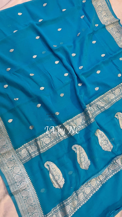 Azure Banarasi Pure Khaddi Georgette Kadwa Saree
