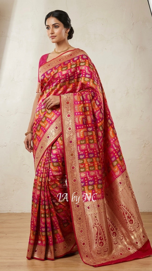 Carmine Banarasi Pure Katan Silk Tilfi Meenakari Rangkat Saree
