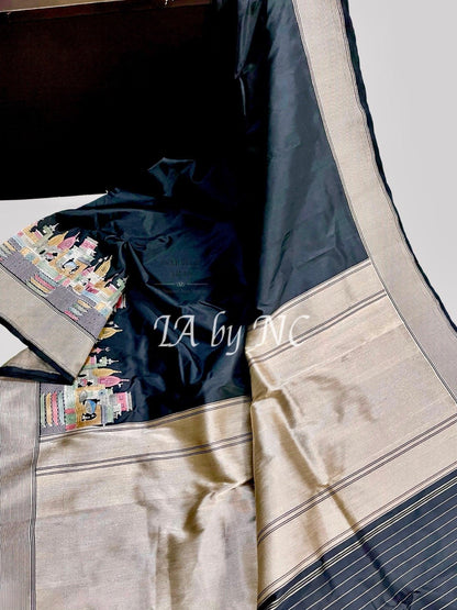 Black Banarasi Pure Katan Silk Kadwa Ganga Ghat Meenakari Pattu Saree