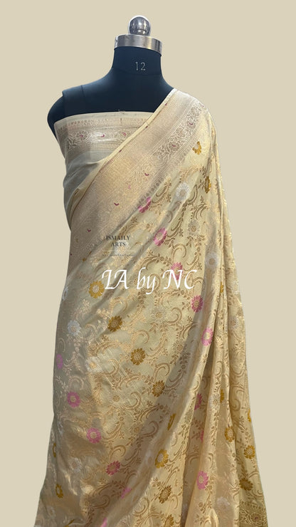 Off white Banarasi Pure Katan Silk Pattu Meenakari Saree