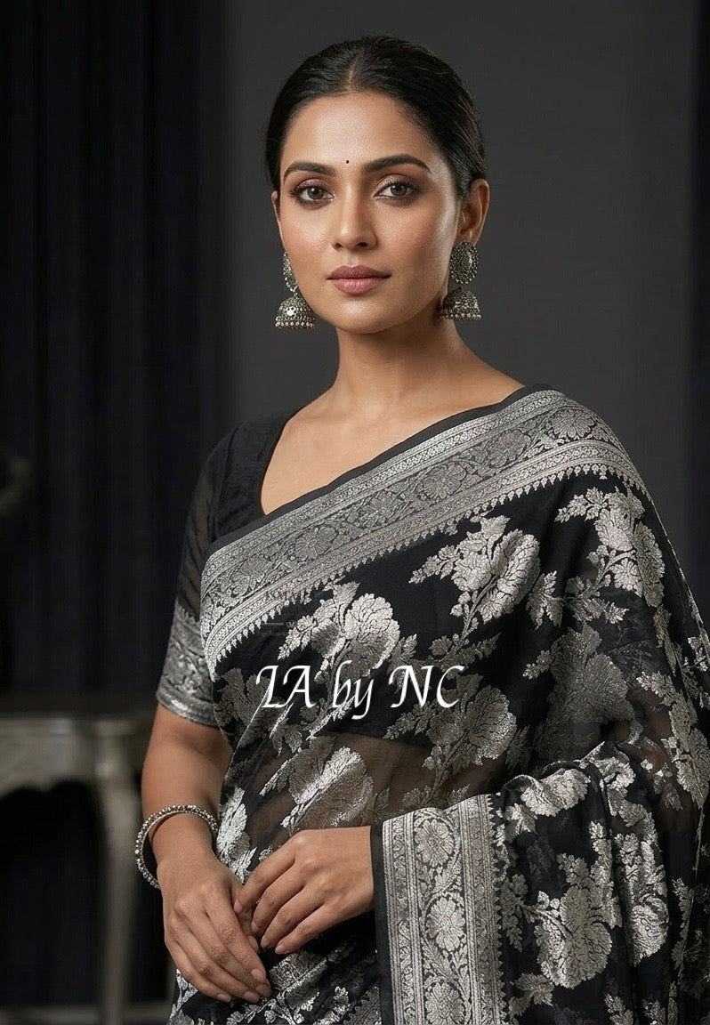 Black Banarasi Pure Khaddi Georgette Saree
