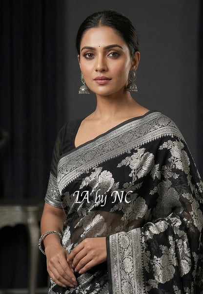 Black Banarasi Pure Khaddi Georgette Saree