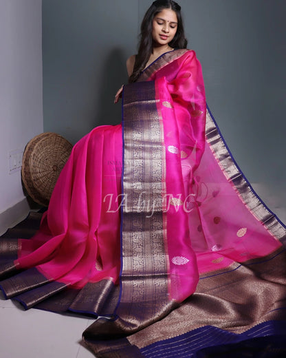 Fuschia Banarasi Pure Kora Silk Kadwa Saree