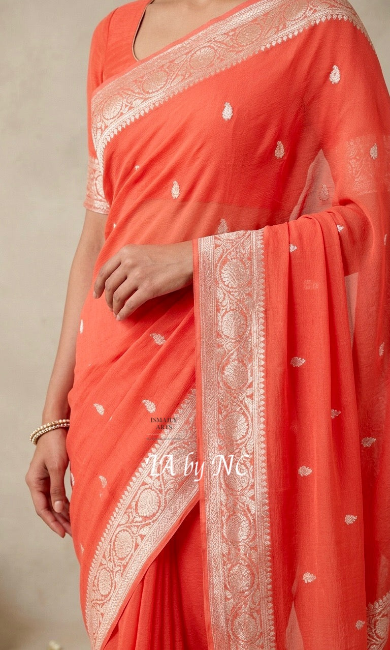 Red Banarasi Pure Khaddi Georgette Kadwa Saree