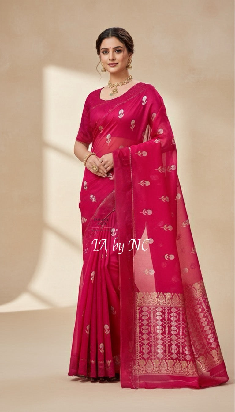 Cerise Banarasi Pure Kora Silk Saree