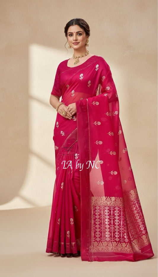 Cerise Banarasi Pure Kora Silk Saree