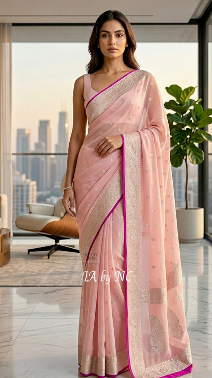 Carnation Banarasi Pure Khaddi Georgette Kadwa Saree