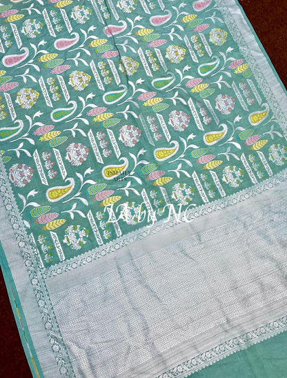 Turquoise Banarasi Pure Khaddi Tussar Georgette Meenakari Saree