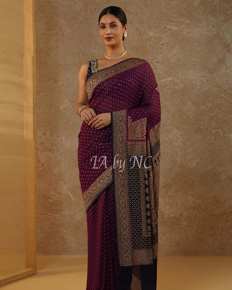 Eggplant Banarasi Pure Khaddi Georgette Saree