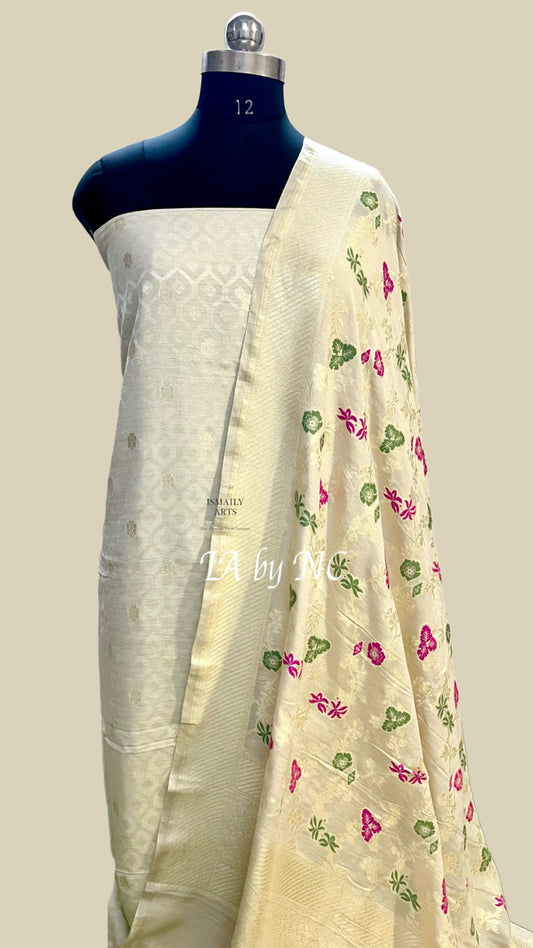 Beige Banarasi Pure Munga Silk Dress Material