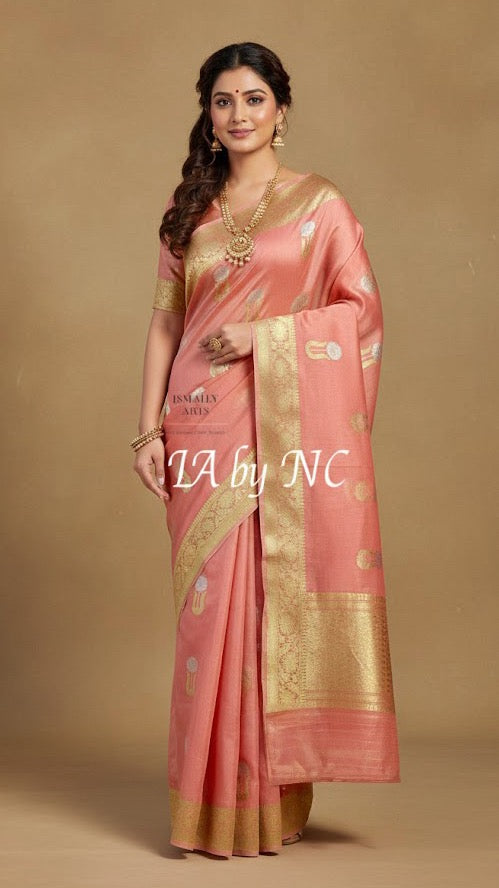 Peach Banarasi Pure Kora Silk Kadwa Saree