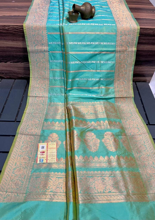 Turquoise Banarasi Pure Katan Silk Kadwa Saree