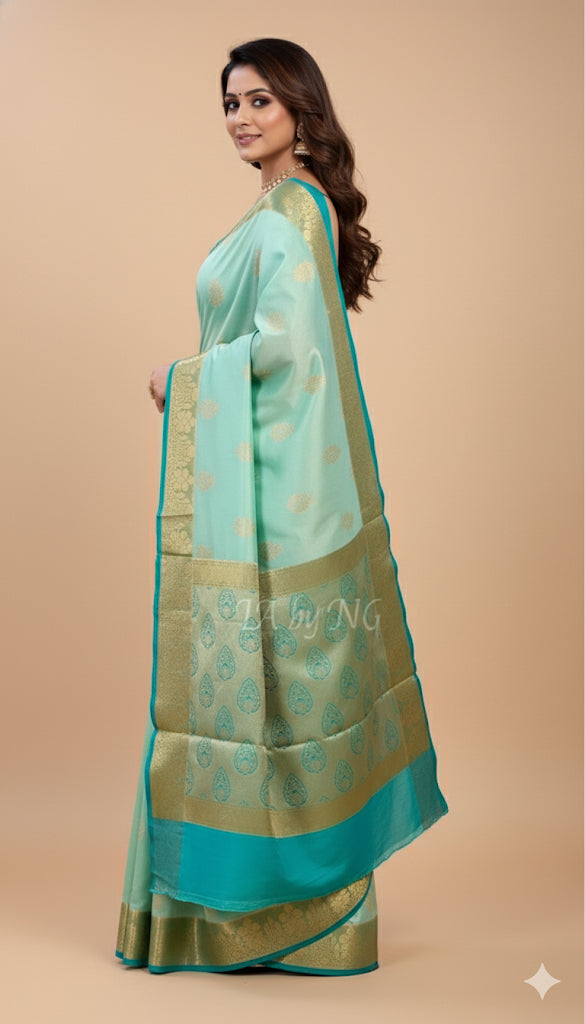 Turquoise Banarasi Pure Katan Silk Raw Mango Saree