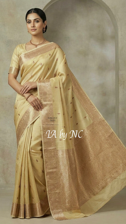 Eggnog Banarasi Pure Kora Silk Kadwa Saree