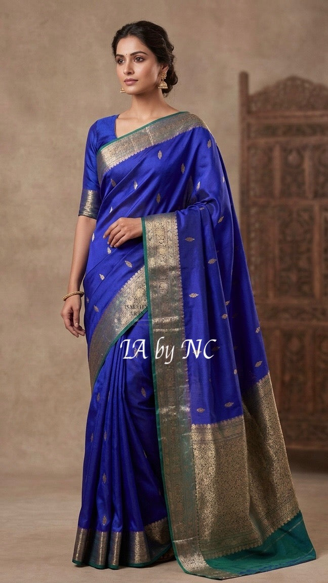Indigo Banarasi Pure Kora Silk Kadwa Saree