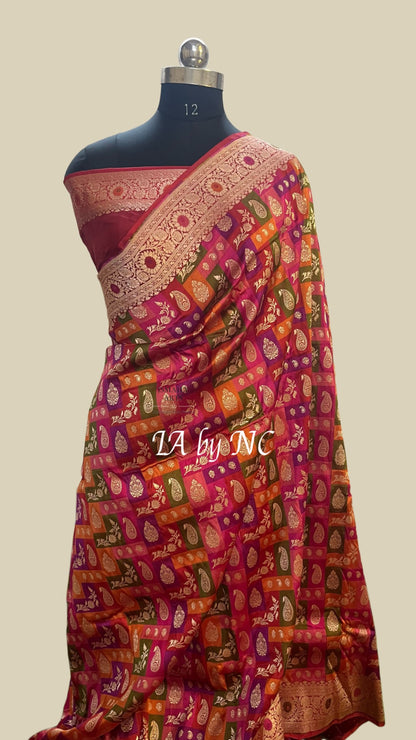 Carmine Banarasi Pure Katan Silk Tilfi Meenakari Rangkat Saree