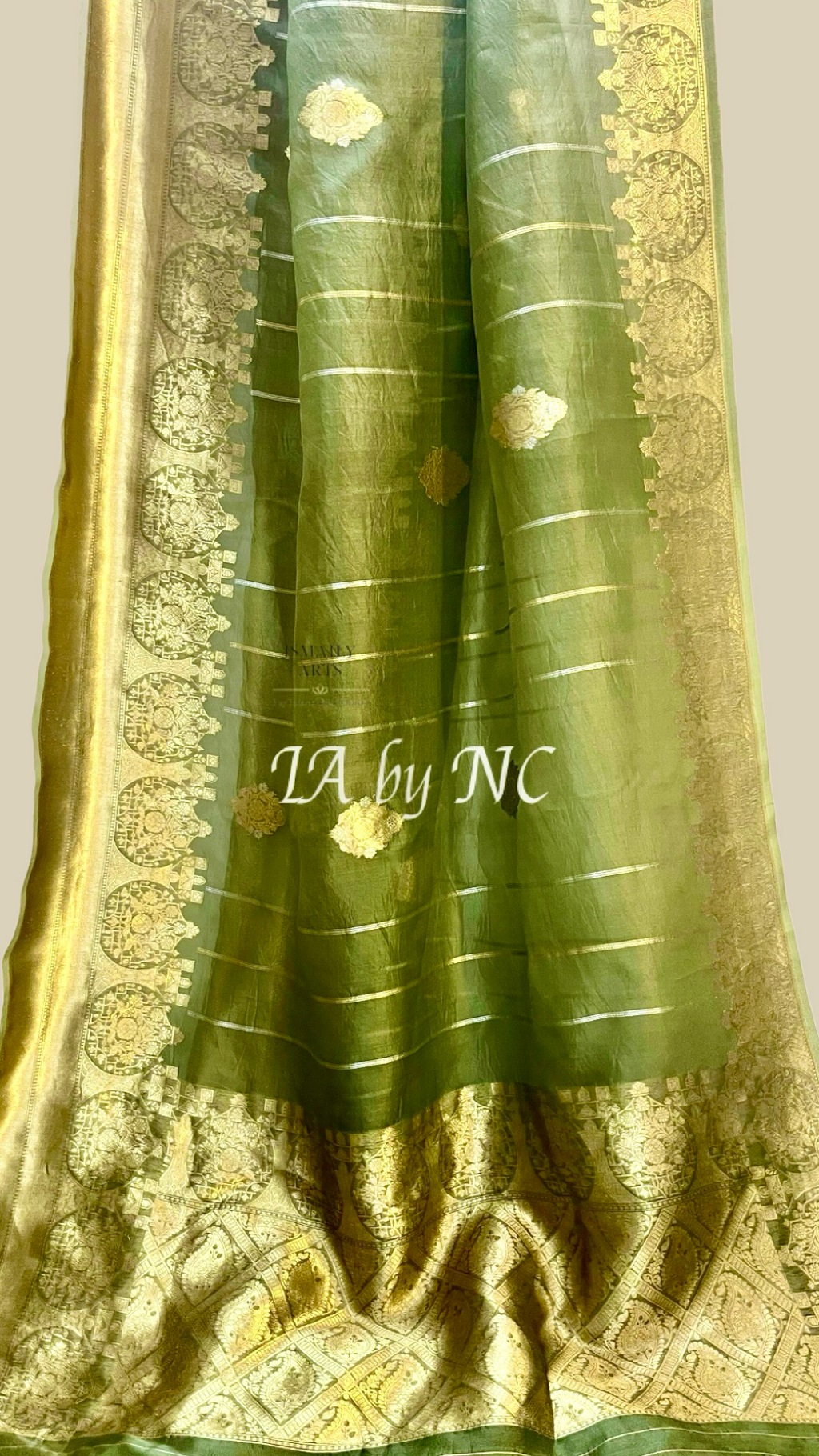 Olive Banarasi Pure Kora Organza Kadwa Saree