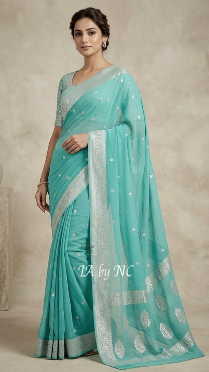 Turquoise Banarasi Pure Khaddi Georgette Kadwa Saree