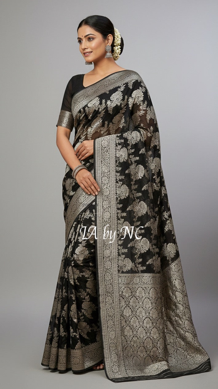 Black Banarasi Pure Khaddi Georgette Saree