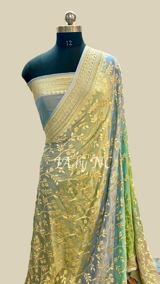 Pigeon Banarasi Pure Khaddi Georgette Saree
